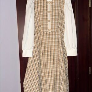 SHEIN Plaid Long Sleeve A‑Line Dress in Cream and Tan